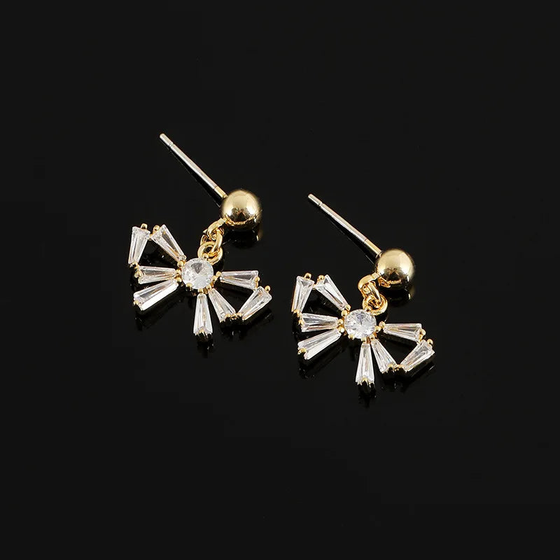 Elegant Zircon Bowknot Dangle Stud & Clip On No Piercing Gold Alloy Sweet Forest Style Earrings