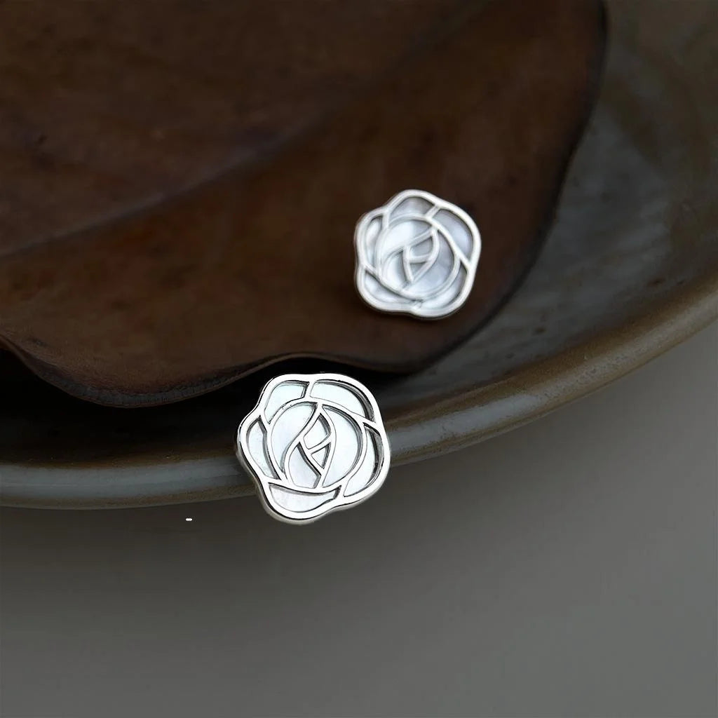 Elegant Silver Plated Copper Real Shell Hollow Rose Flower Stud Earrings For Women