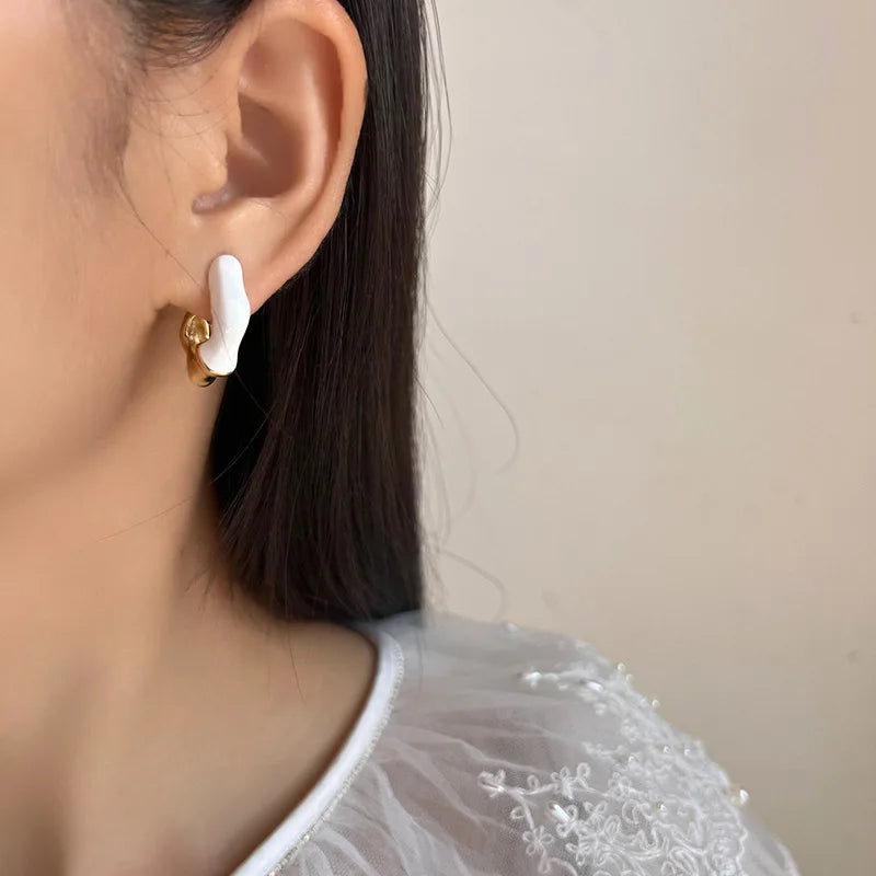 Luxury Geometric Coil White Enamel Alloy Stud & Clip On No Piercing Ear Cuff Hoop Earrings
