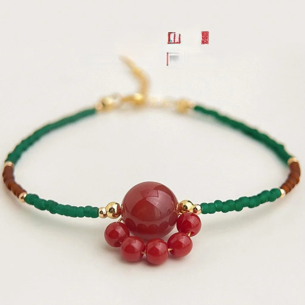 Natural Stone Red Agate Cat Paw Bracelet New Chinese Geometric Round Bead Designer Bracelet for Women