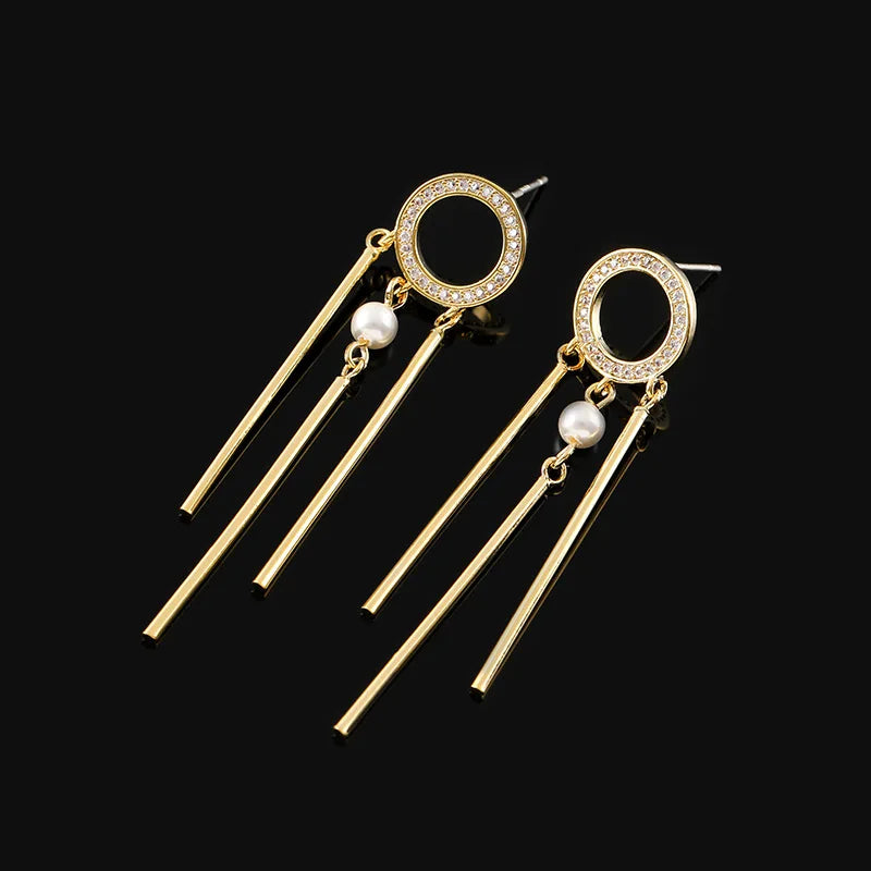 Elegant Gold Alloy Round Spiral Rhinestone Pearl Tassel Stud & Clip On No Piercing Long Drop Earrings