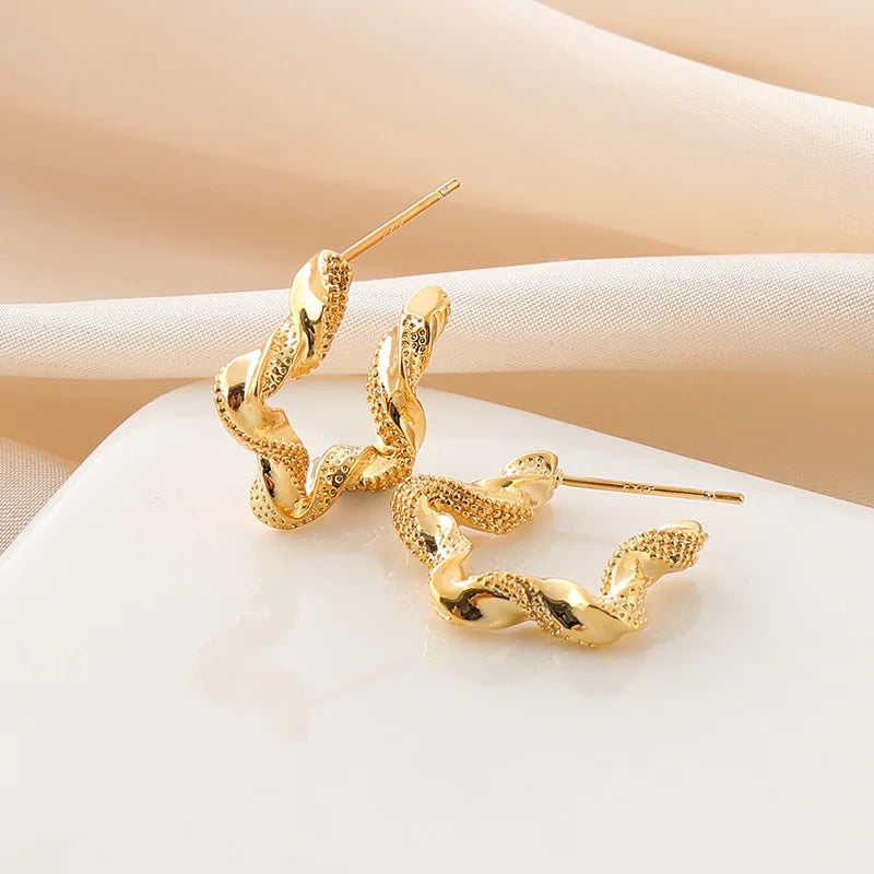 Elegant Gold Alloy Twisted Hoop Five Point Star Stud & Clip On No Piercing Textured Statement Earrings