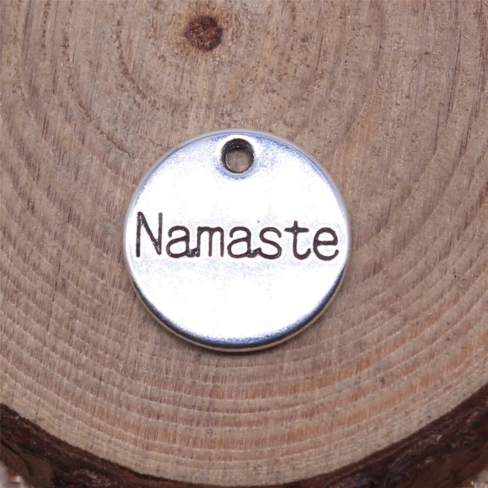 15x15mm 1.35g Zinc Alloy Round Namaste Word Tag Letter Charm Pendant for DIY Yoga Theme Jewelry Making