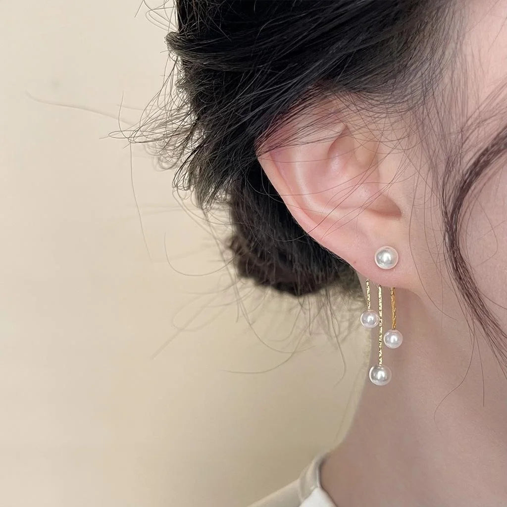 14K Plated Copper High Luster Pearl Tassel Drop Earrings Minimalist Long Geometric Style