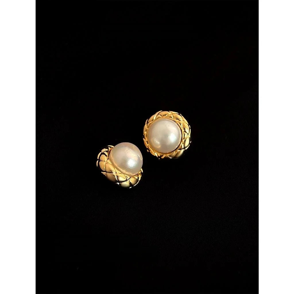 14K Plated Copper Freshwater Pearl Stud Earrings Round Geometric Minimalist Luxury Jewelry