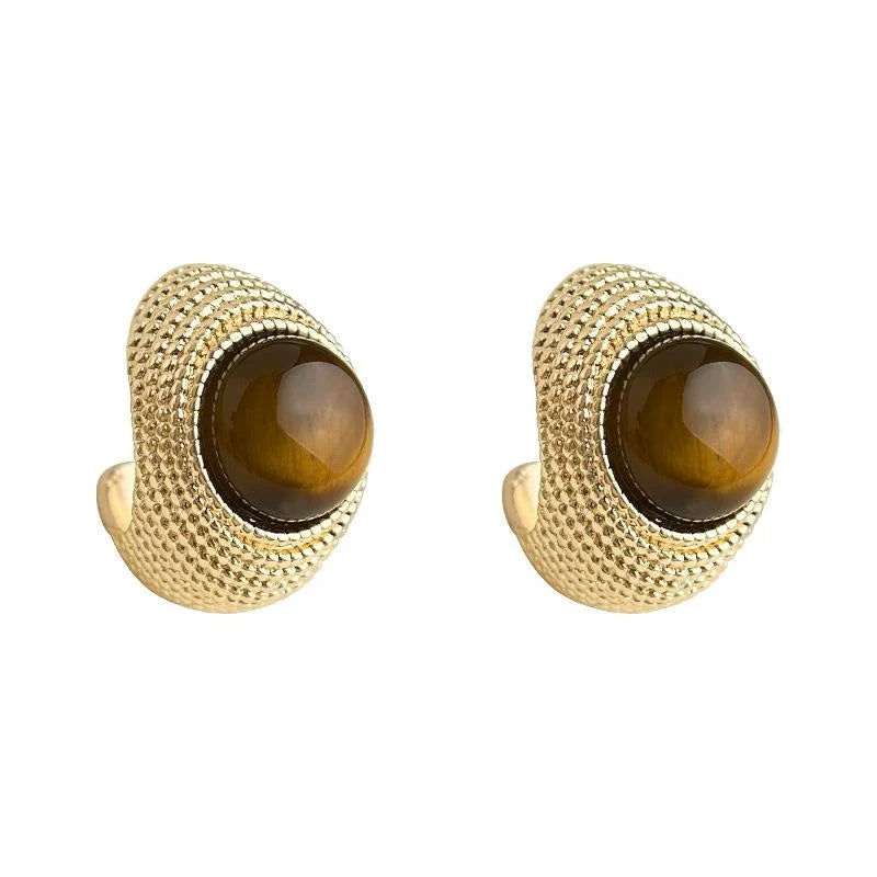 Vintage 14K Plated Copper Natural Tiger Eye Teardrop Geometric Drop Earrings