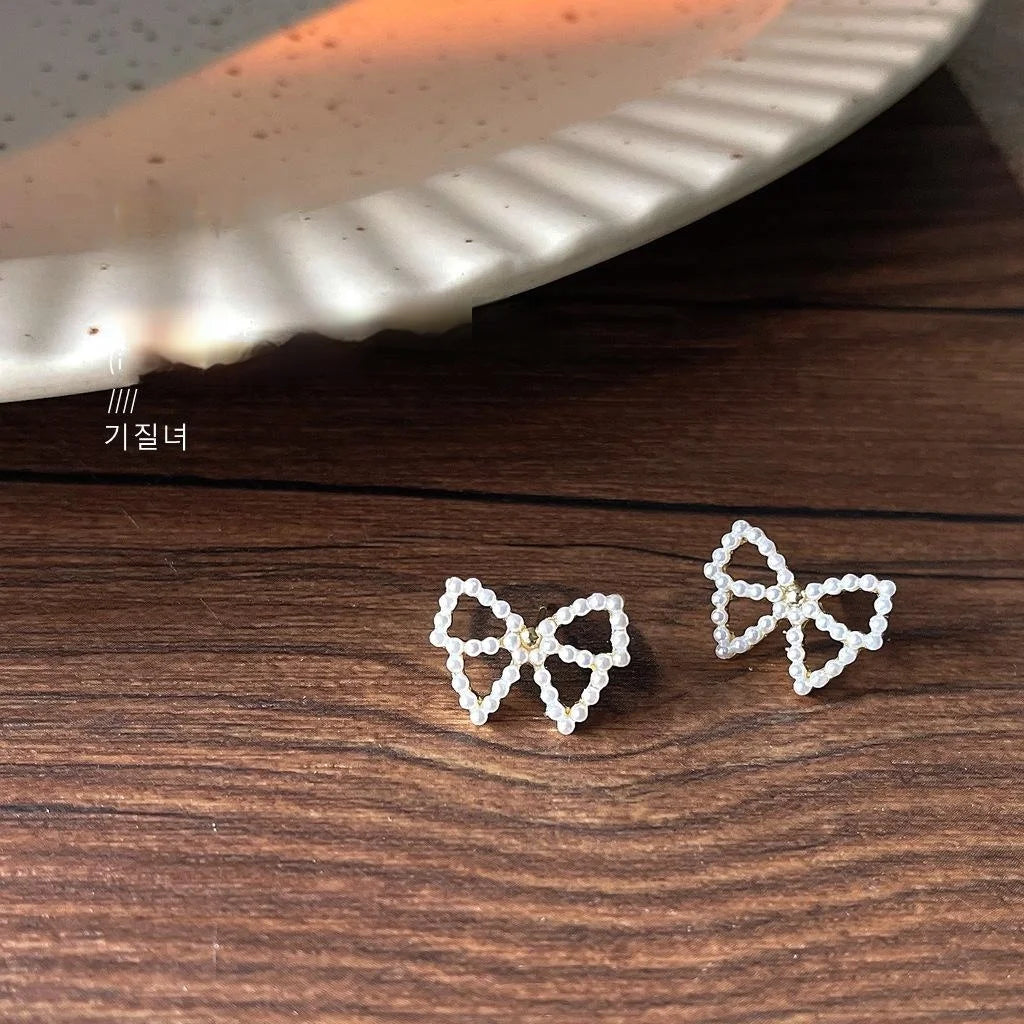 Cute Pearl Bow Stud Earrings 14K Plated Alloy Simple Sweet Jewelry