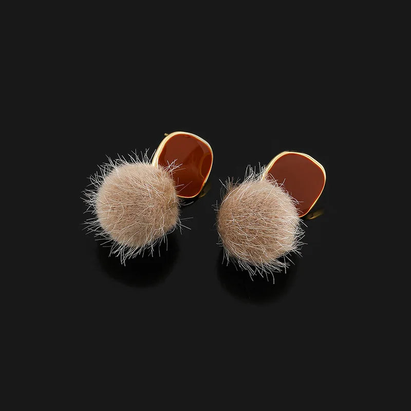Elegant Brown Enamel Geometric Fuzzy Pom Pom Alloy Stud & Clip On No Piercing Drop Earrings
