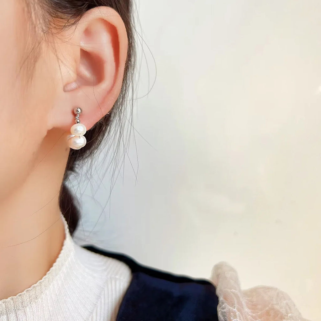 Elegant French Spiral Freshwater Pearl Hoop Stud & Clip On No Piercing Handmade Silver Tone Earrings