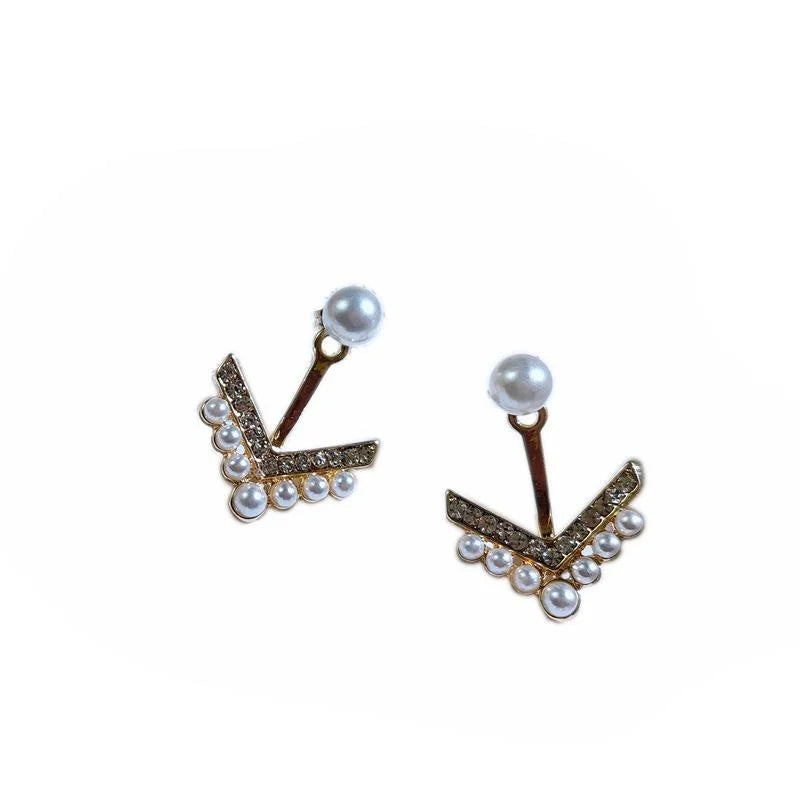 Korean Style Alloy Pearl Stud Earrings Silver Plated Pin Geometric Line Two Way Jewelry