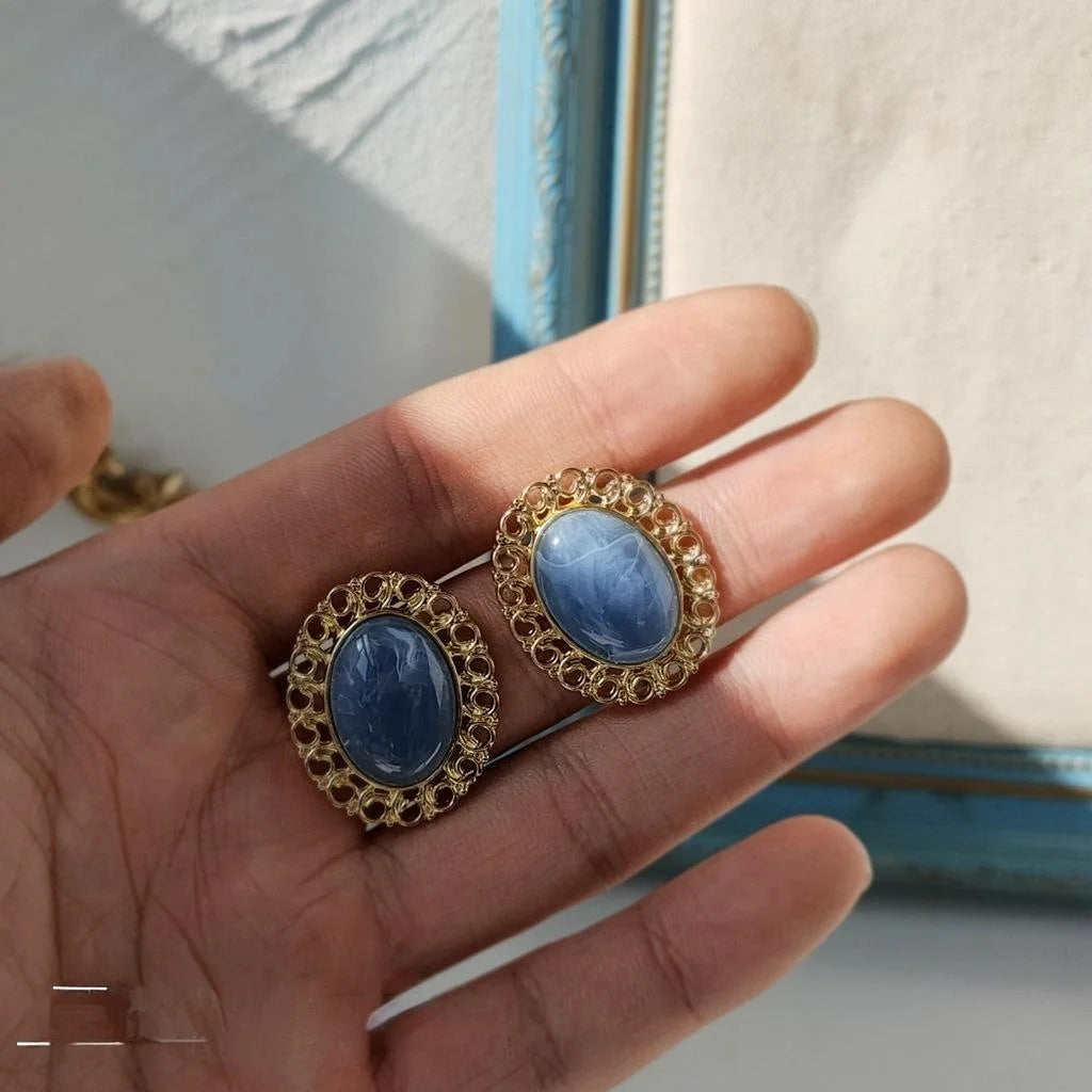 14K Plated Alloy Hollow Oval Haze Blue Drop Earrings, Hong Kong Vintage Jewelry