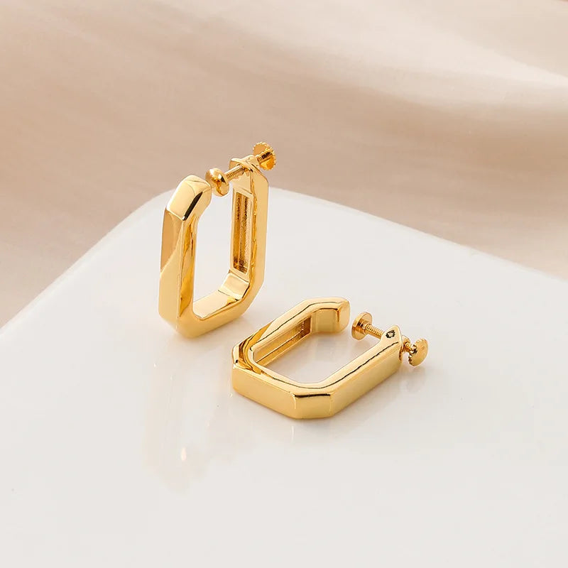 Elegant Geometric Square Gold Alloy Hoop Stud & Clip On No Piercing Screw Back Women's Earrings