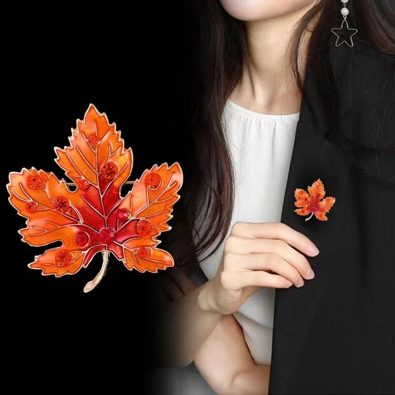 Luxury Enamel Maple Leaf Brooch With Orange Rhinestones, Elegant Autumn Lapel Pin Suit Accessory Gift