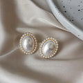 Vintage Court Style 14K Plated Oval Pearl Stud Earrings With Burgundy Metal Accents