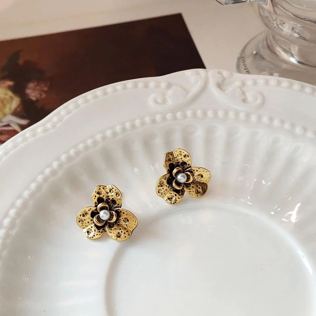 Vintage Oxidized Antique Gold Alloy Three Petal Flower Stud Earrings