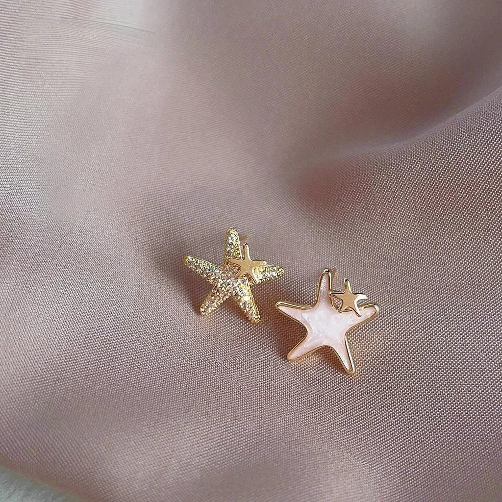 Sweet Asymmetric Starfish Stud Earrings With Micro Pave Zircon, 14K Plated Copper
