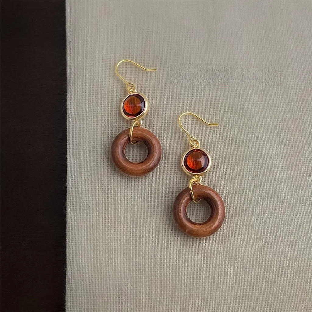 Handmade Ethnic Vintage Wooden Hollow Glass Crystal Peace Buckle Drop Earrings