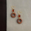 Handmade Ethnic Vintage Wooden Hollow Glass Crystal Peace Buckle Drop Earrings