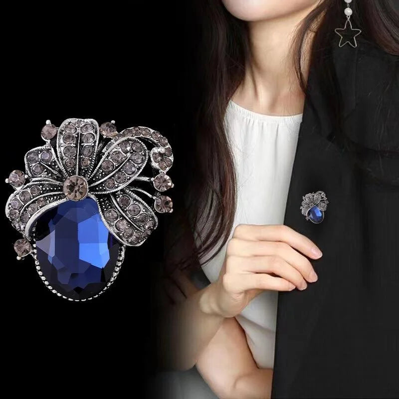 Vintage Bauhinia Flower Brooch With Blue Crystal And Rhinestones, Elegant Alloy Lapel Pin Gift