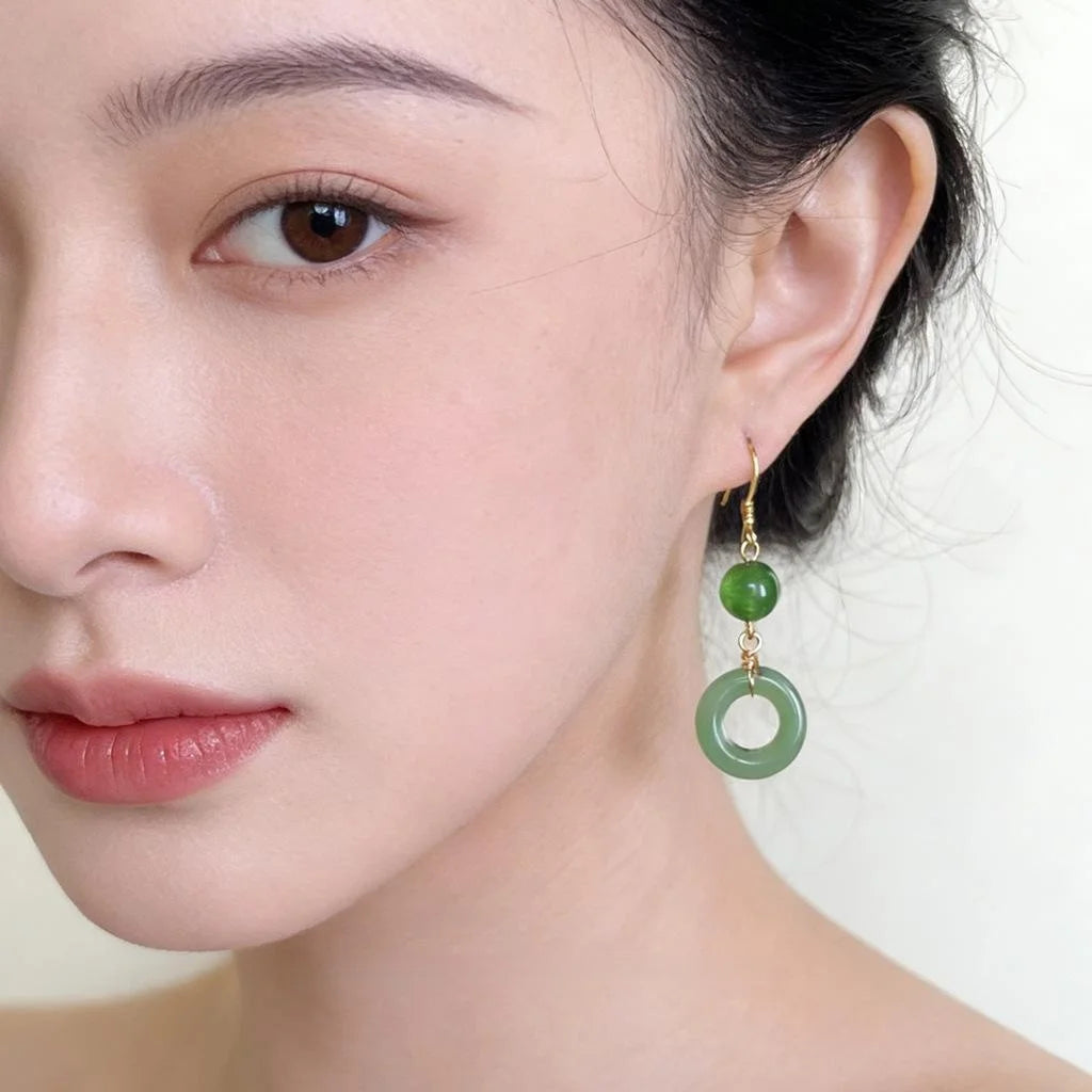Chinese Retro Green Agate Copper Drop Earrings With Geometric Ring Design
