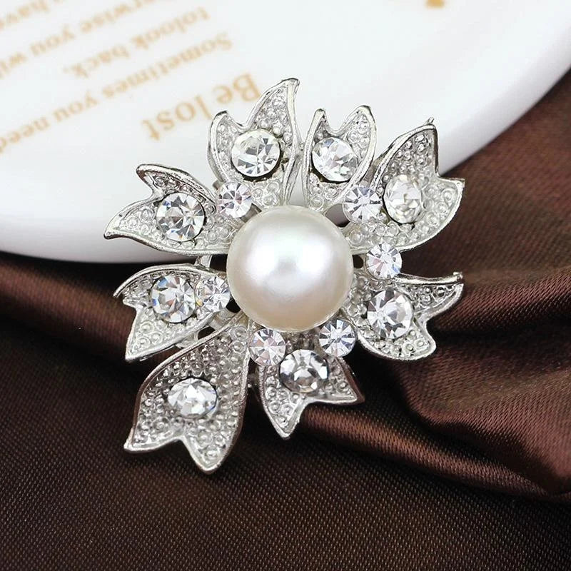 Elegant Silver Alloy Flower Brooch With Faux Pearl And Rhinestone Leaves, Korean Style Lapel Pin Gift
