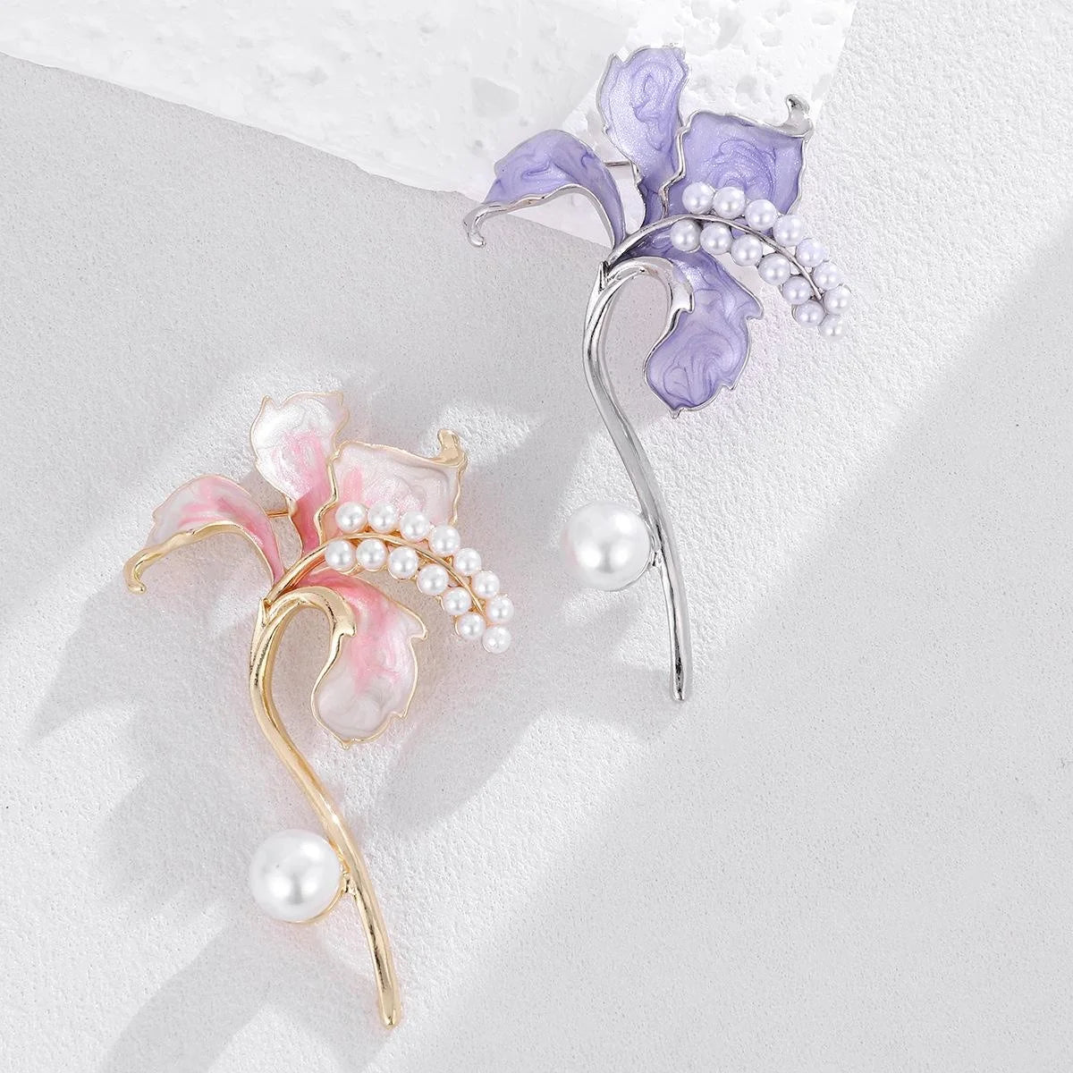 Elegant Purple Enamel Lily Flower Brooch With Pearl Accents, Luxury Lapel Pin Corsage Gift