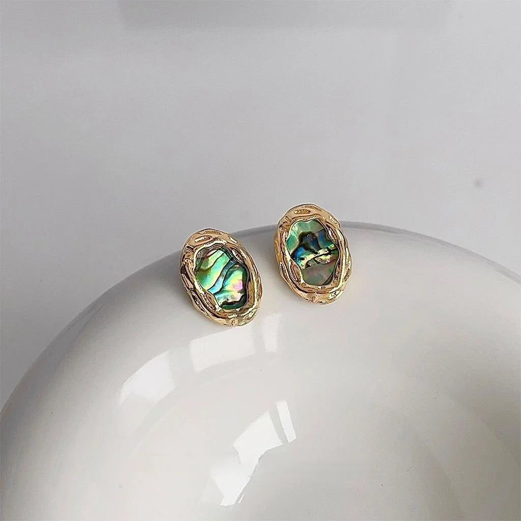Luxury 14K Gold Plated Copper Abalone Shell Baroque Stud Earrings