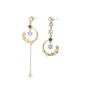 Elegant Asymmetric Crescent Moon Cat Eye Pearl Rhinestone Tassel Stud & Clip On No Piercing Earrings