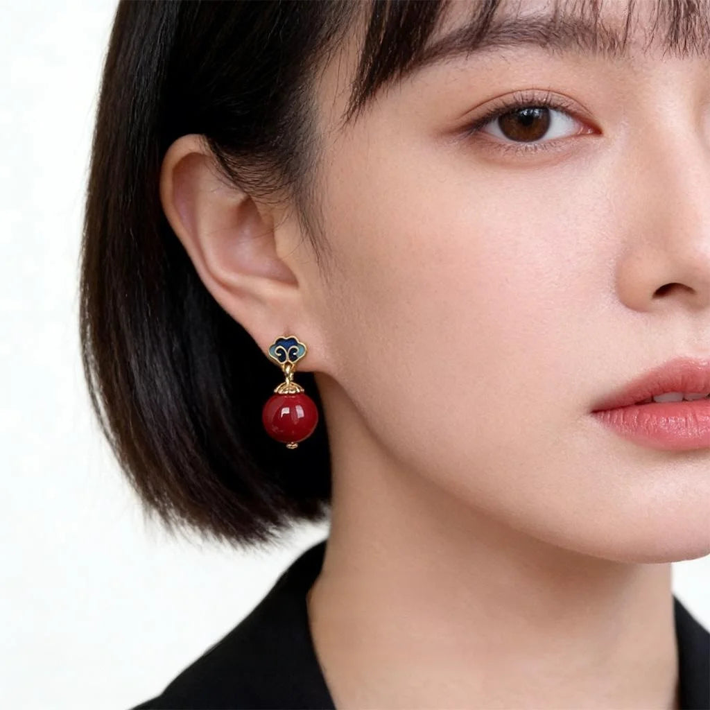 Handmade Vintage Chinese Court Style Red Enamel Glass Pearl Floral Drop Earrings With Auspicious Pattern