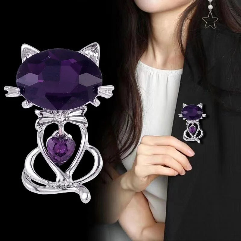 Cute Purple Glass Cat Brooch With Rhinestone Heart, Silver Alloy Lapel Pin Corsage For Dress Hat Gift
