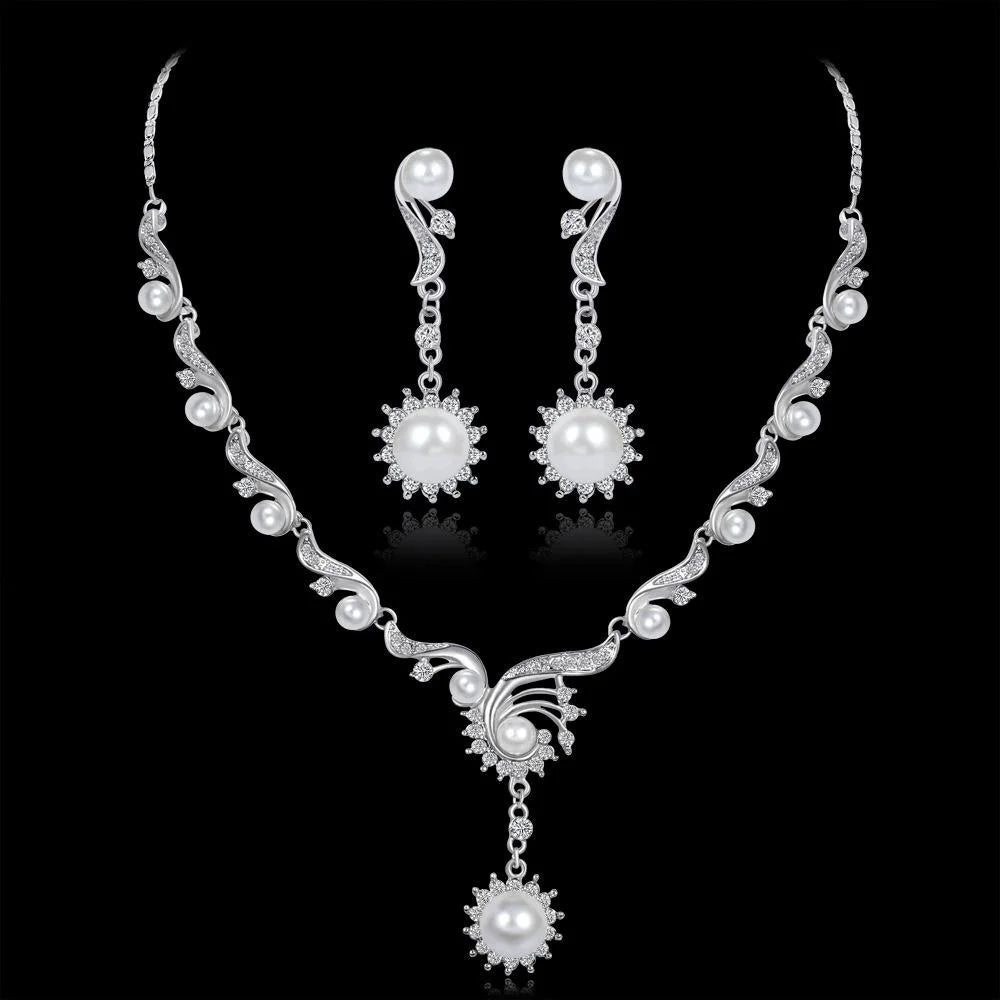 Elegant Pearl Rhinestone Necklace And Earrings Jewelry Set Silver Tone Bridal Jewelry For Wedding Party Gift