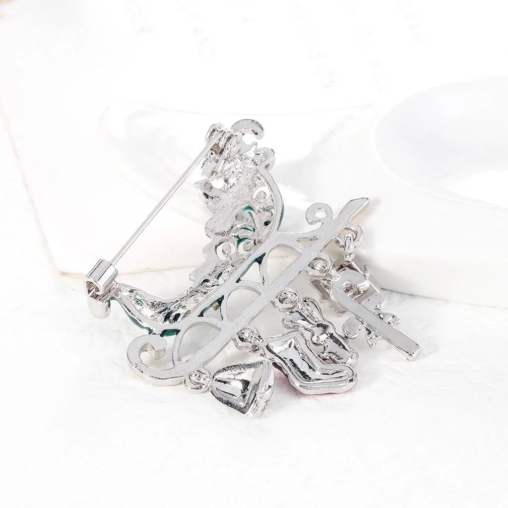 Cute Christmas Sleigh Alloy Rhinestone Enamel Brooch, Festive Holiday Lapel Pin Corsage Gift For Women