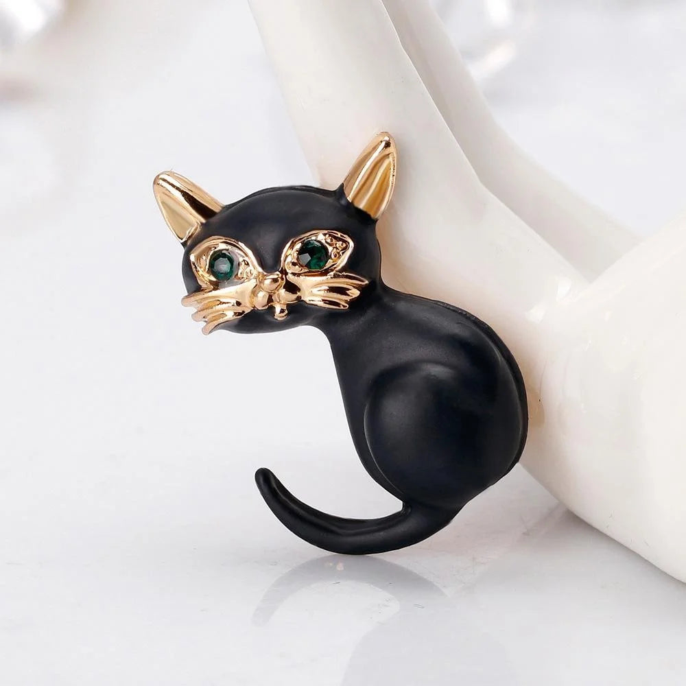 Cute Black Enamel Cat Brooch With Gold Alloy Rhinestone Eyes, Luxury Lapel Pin Corsage Gift For Women