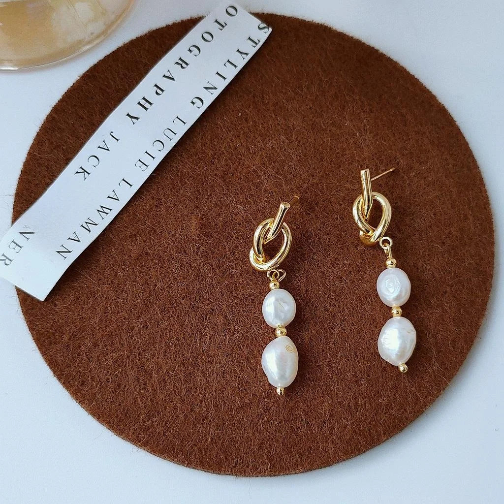 14K Gold Plated Baroque Freshwater Pearl Drop Earrings For Women Vintage Palace Style Geometric Design