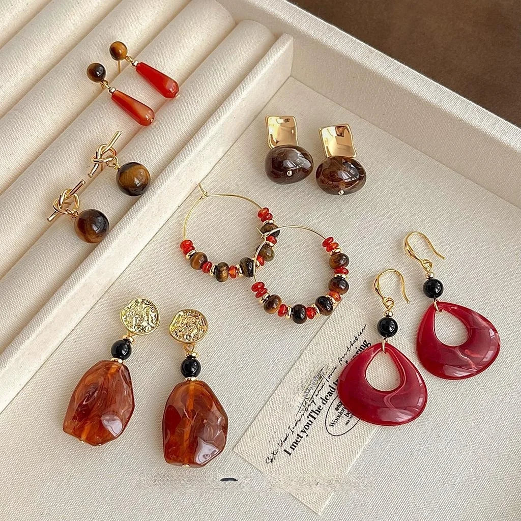 14K Plated Resin Maillard Brown Burgundy Geometric Ring Drop Earrings