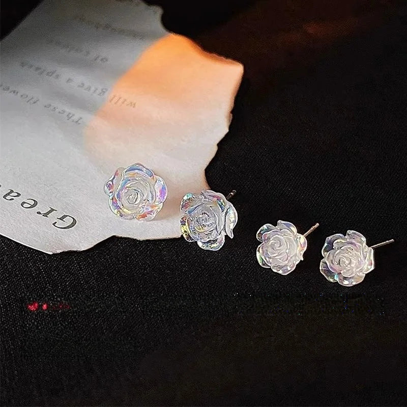 Transparent Colorful Resin Rose Flower Stud Earrings With Silver Plated Pins, Summer Jewelry