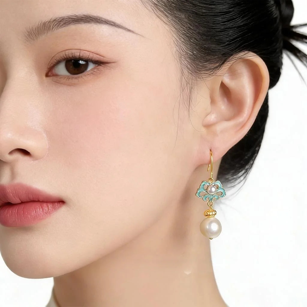 Vintage Court Style Baroque Freshwater Pearl Enamel Glaze Round Geometric Drop Earrings