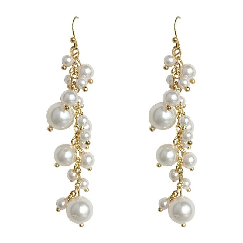 Light Luxury Handmade Geometric Glass Pearl Tassel Drop Earrings for Women