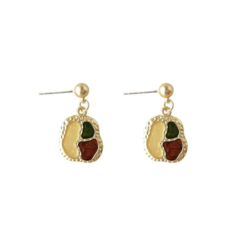 French Vintage Matte Enamel Copper Geometric Round Oval Drop Earrings For Women