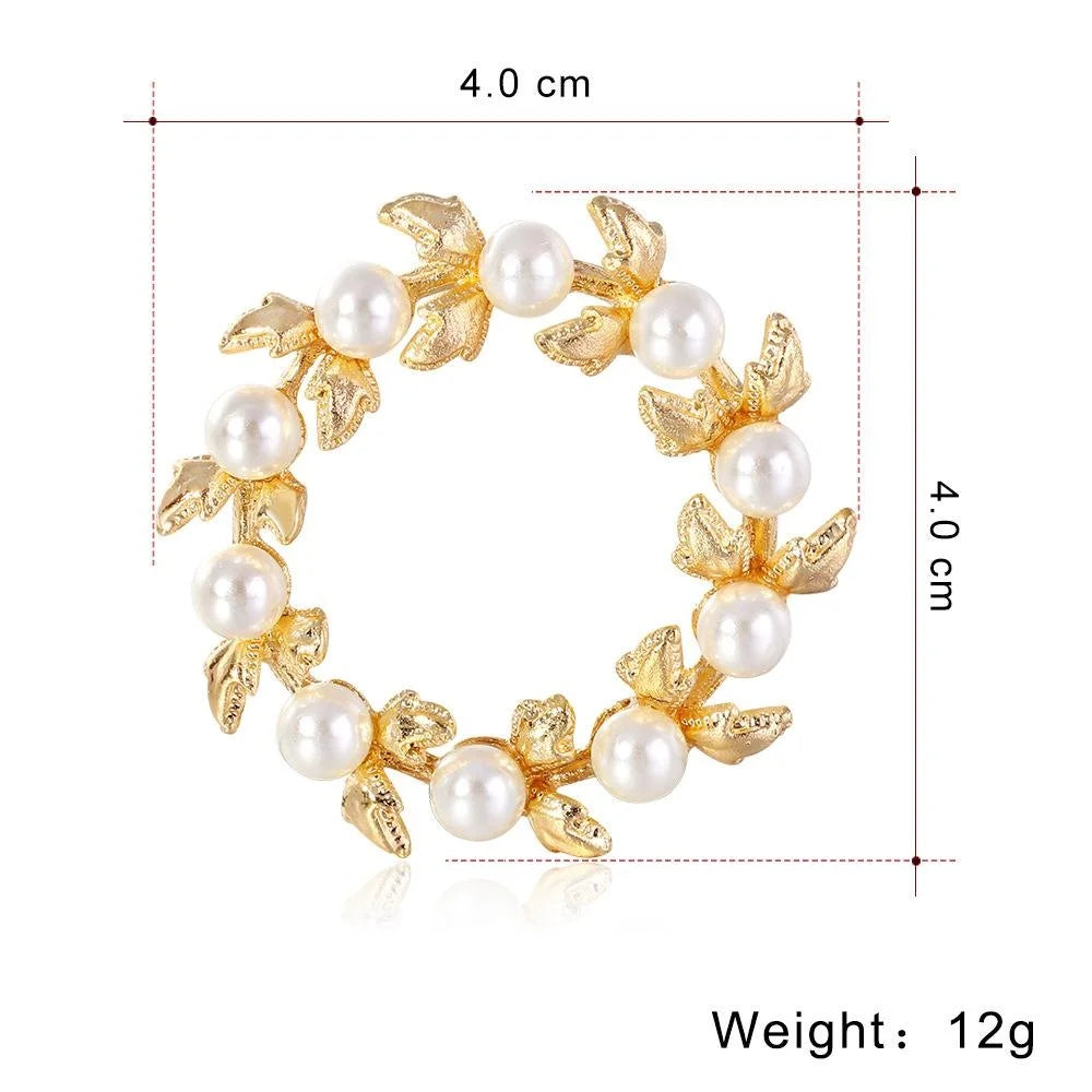 Elegant Gold Alloy Floral Wreath Brooch With Pearl Accents, Women's Lapel Pin Corsage Suit Accessory