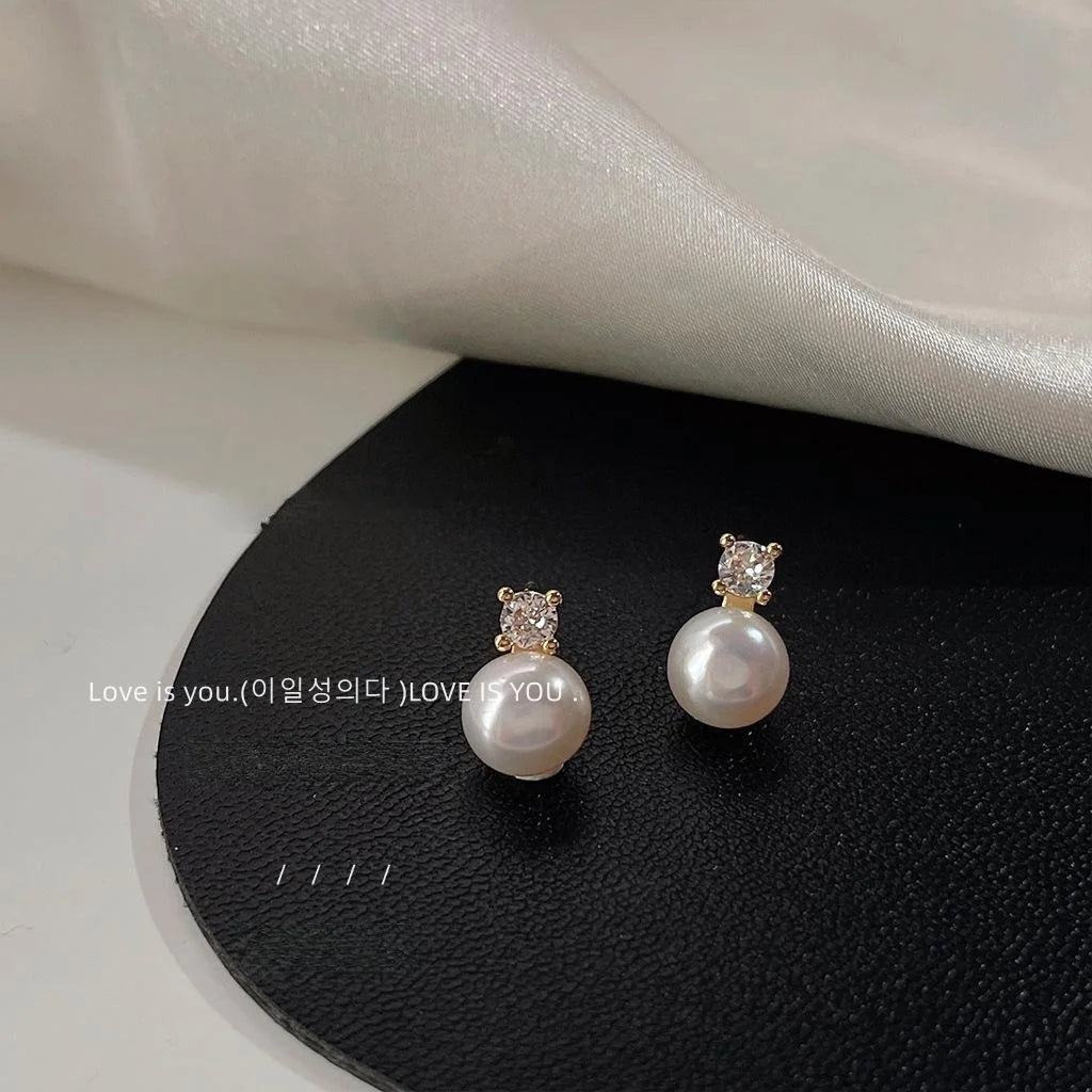 14K Gold Plated Copper Freshwater Pearl Micro Pave Zircon Round Stud Earrings Minimal Luxury Jewelry
