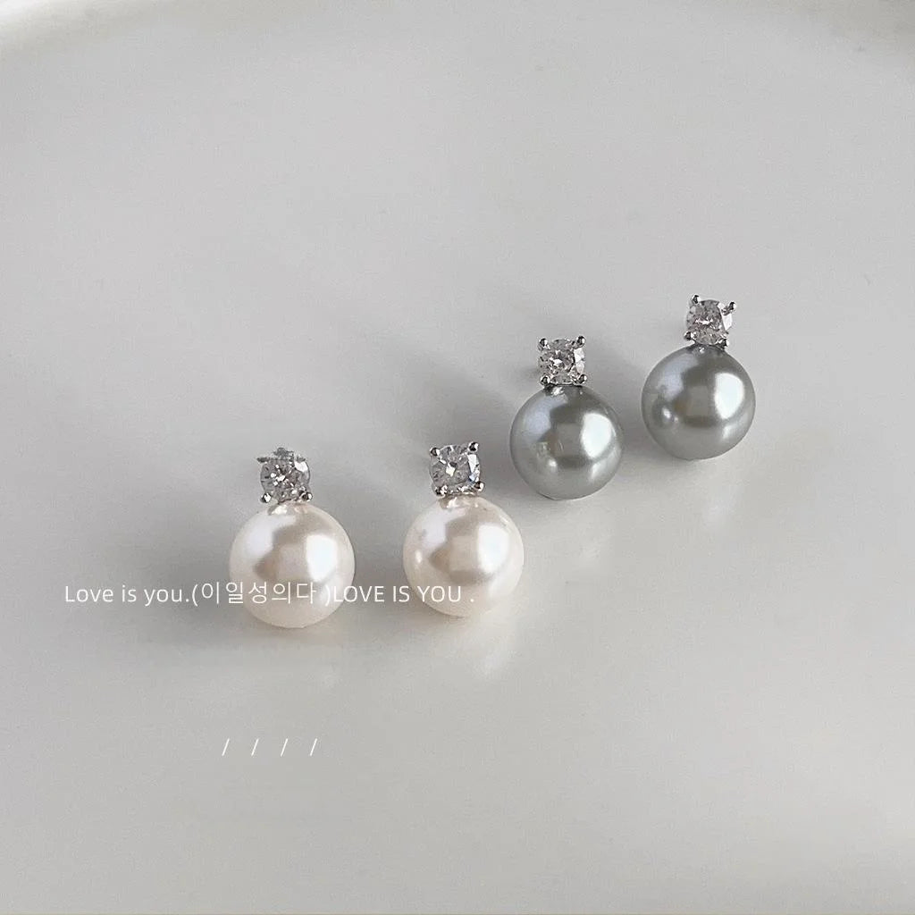 Elegant Round Light Gray Glass Pearl Micro Pave Zircon Silver Plated Stud Earrings