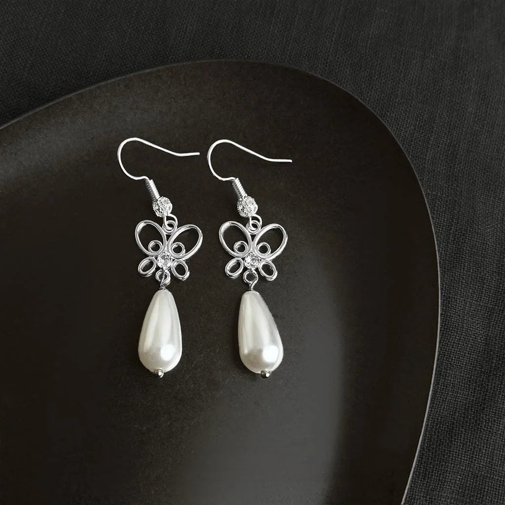 New Chinese Style Eco-Friendly Copper Zircon Butterfly Teardrop Pearl Drop Earrings
