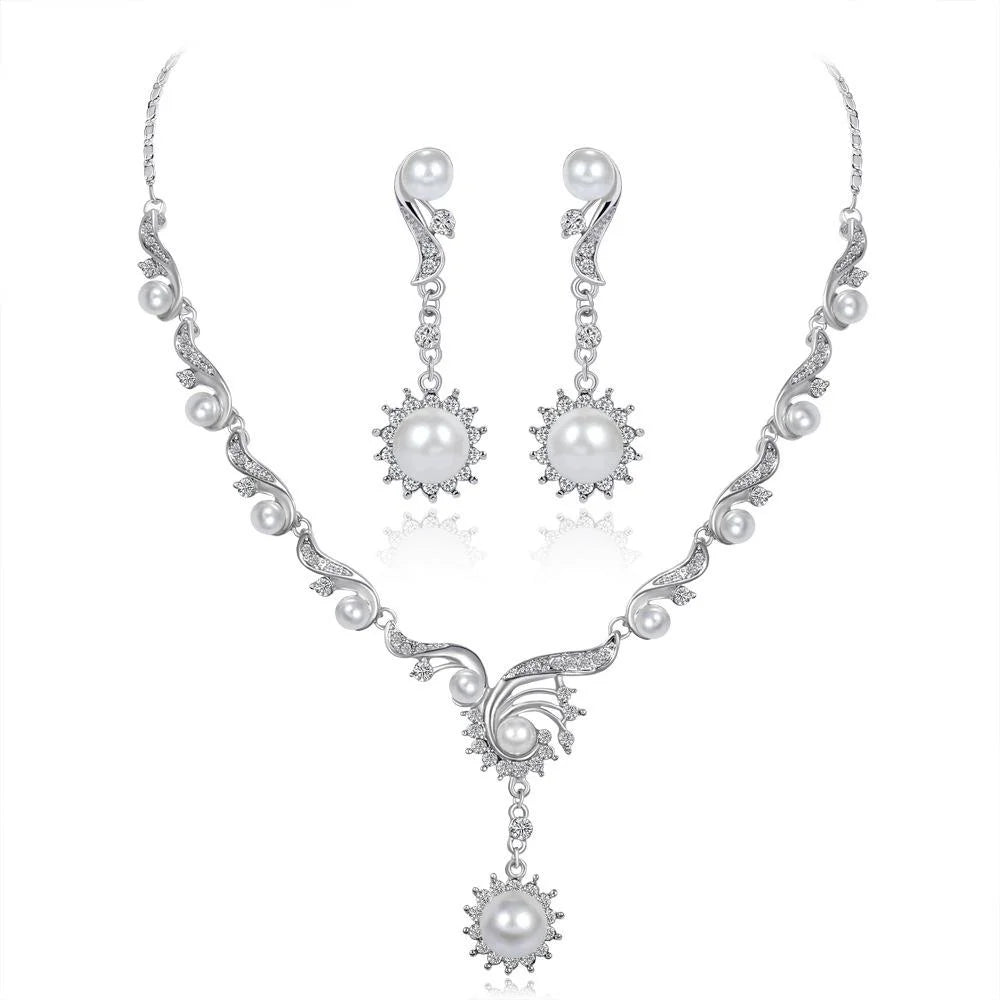 Elegant Pearl Rhinestone Necklace And Earrings Jewelry Set Silver Tone Bridal Jewelry For Wedding Party Gift