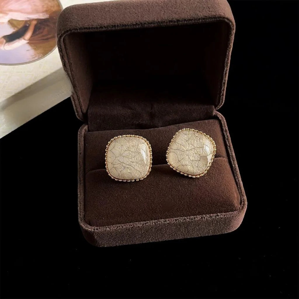 French Vintage 14K Gold Plated Alloy Square Geometric Stud Earrings