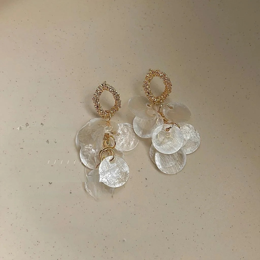14K Gold Plated Geometric Shell Tassel Stud Earrings Handmade Light Luxury Jewelry