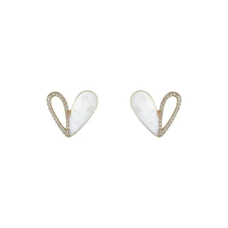 French Vintage Copper Heart Stud Earrings, Micro Pave Zircon Enamel Hollow Design
