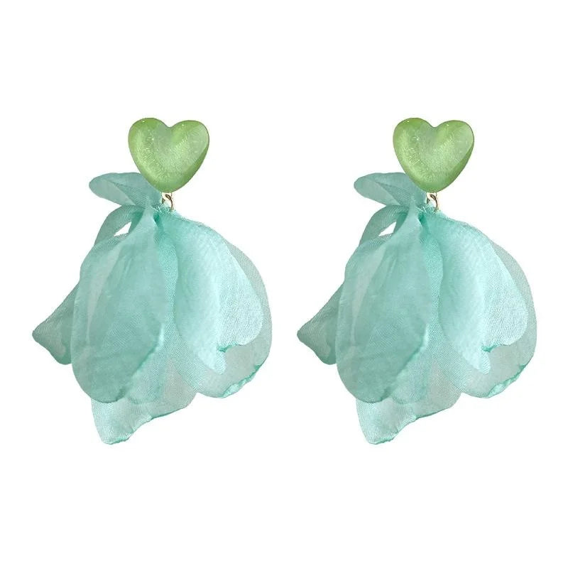 Mint Green Handmade Fabric Lace Floral Heart Drop Earrings Sweet Fresh Forest Style