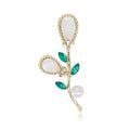 Elegant Mother Of Pearl Flower Bouquet Brooch With Green Rhinestone Leaves, Women's Lapel Pin Gift