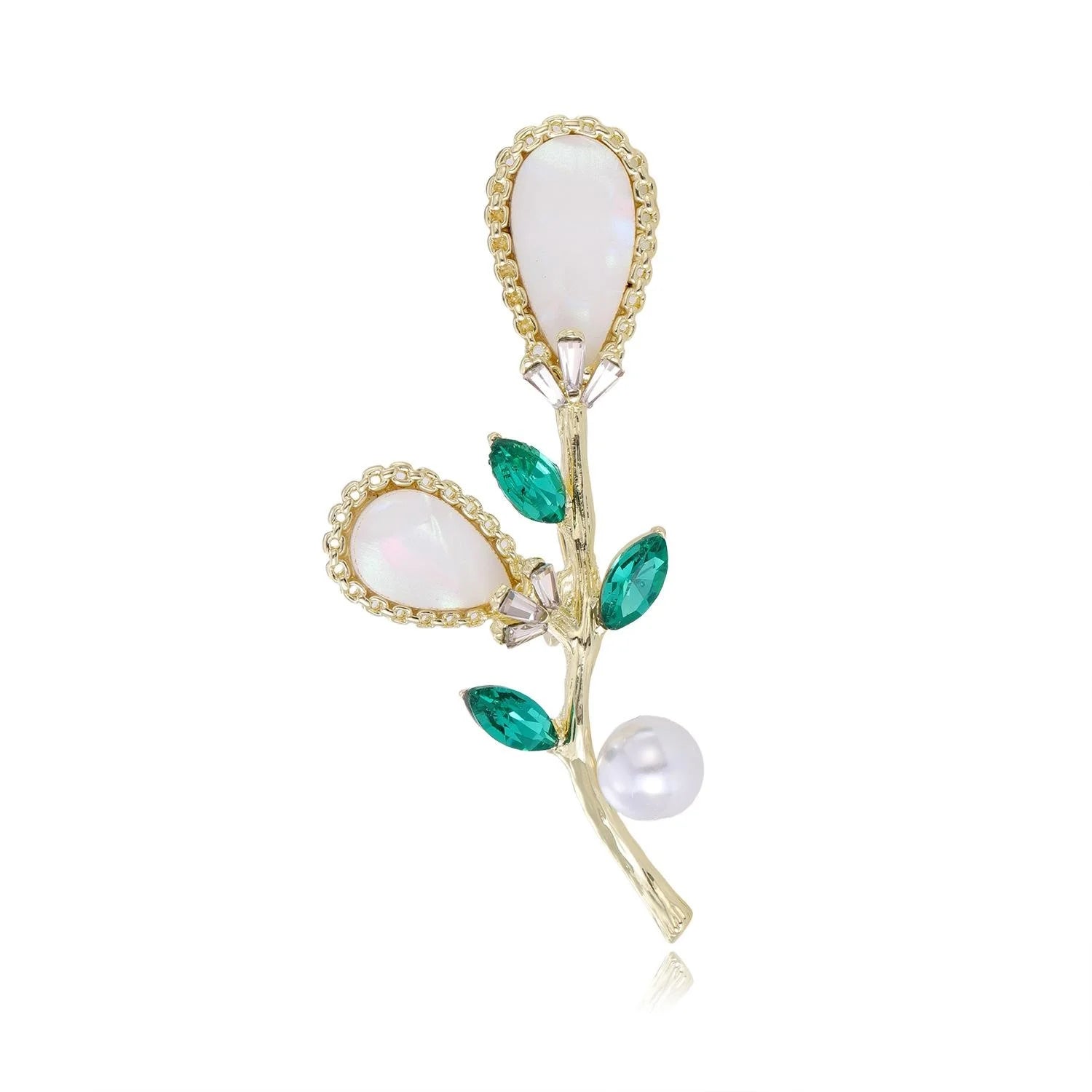 Elegant Mother Of Pearl Flower Bouquet Brooch With Green Rhinestone Leaves, Women's Lapel Pin Gift
